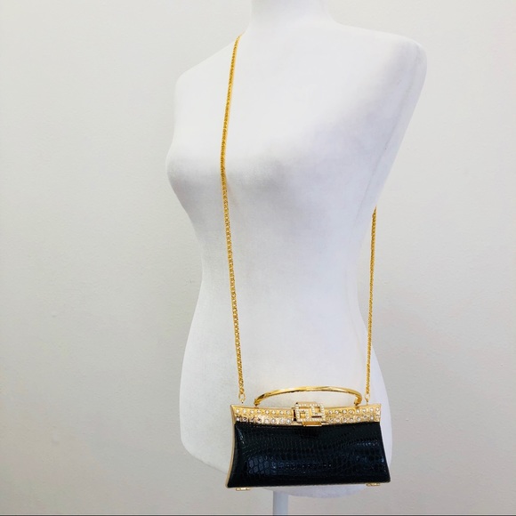 Black & Gold Croc Print Evening Bag - Picture 2 of 11